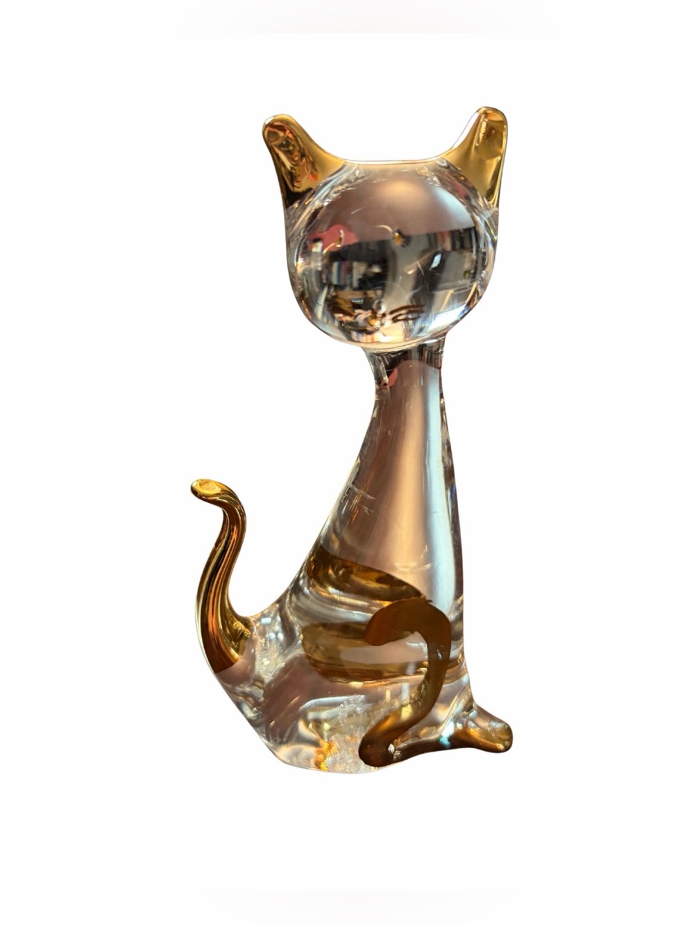 5” Glass Cat Figurine w/ Gold Accents
